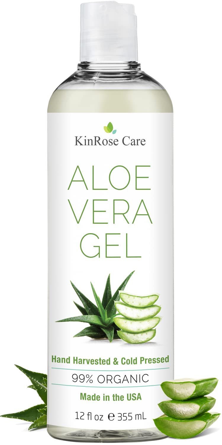 12oz Organic Aloe Vera Gel for Face, Skin, Hair & Sunburn Relief – From 100 Percent Pure Aloe Vera – Cold Pressed, Vegan, Unscented – Made in USA.