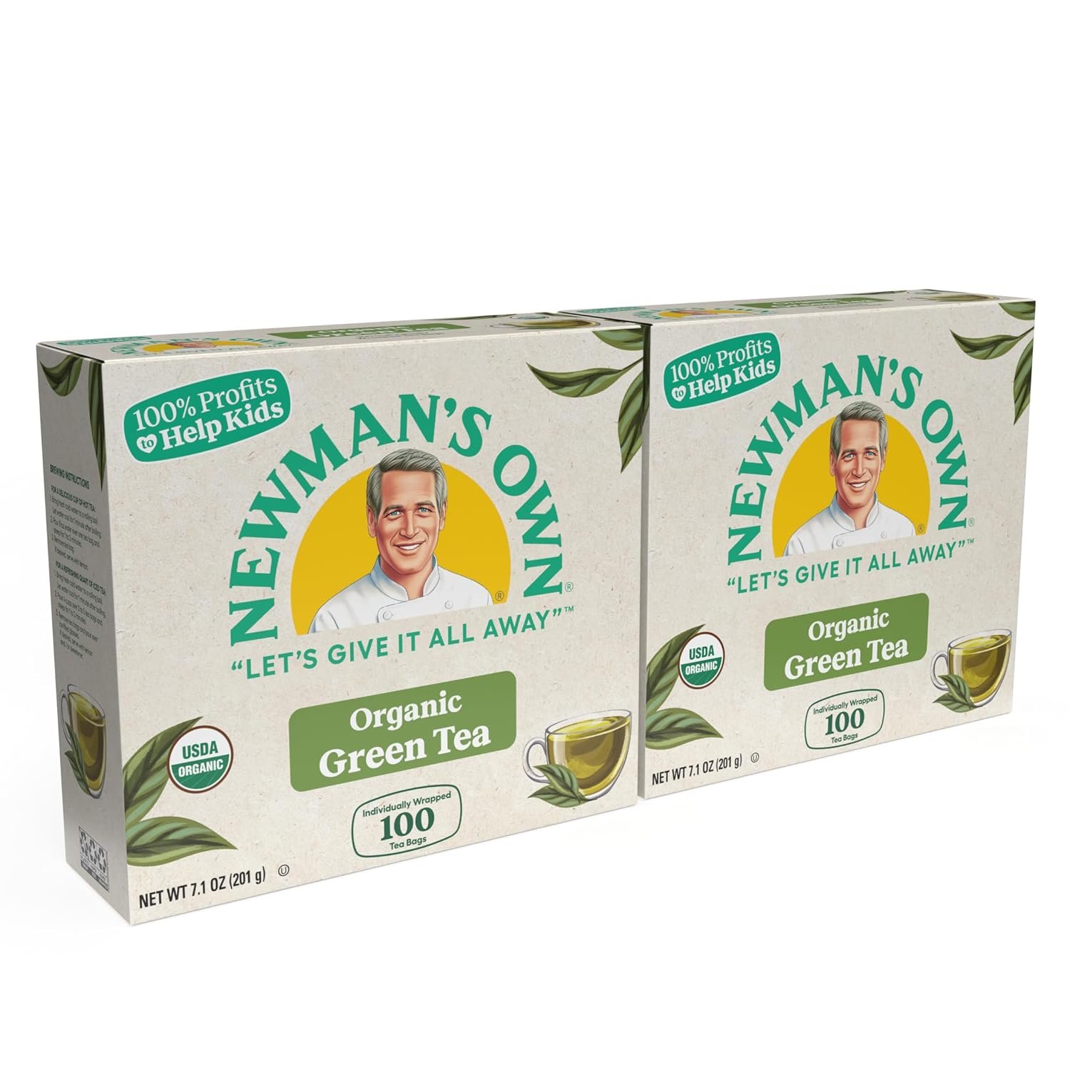 Newman’s Own Organic Green Tea with 100 Individually Wrapped Tea Bags Per Box (Pack of 2) USDA Certified Contains Caffeine Brew Hot