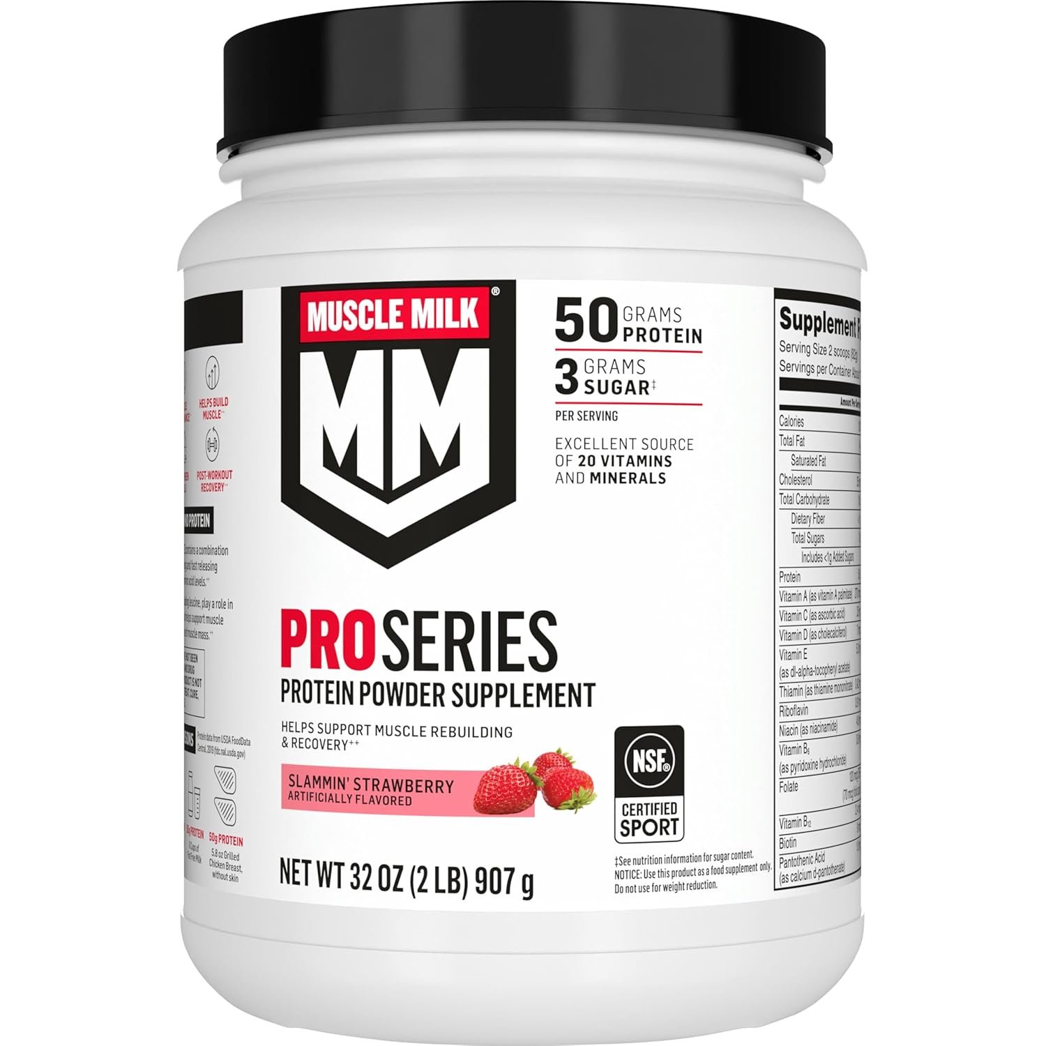 Muscle Milk Pro Series Protein Powder Supplement, Slammin’ Strawberry, 2 Pound, 11 Servings, 50g Protein, 3g Sugar, 20 Vitamins & Minerals, NSF Certified for Sport, Packaging May Vary