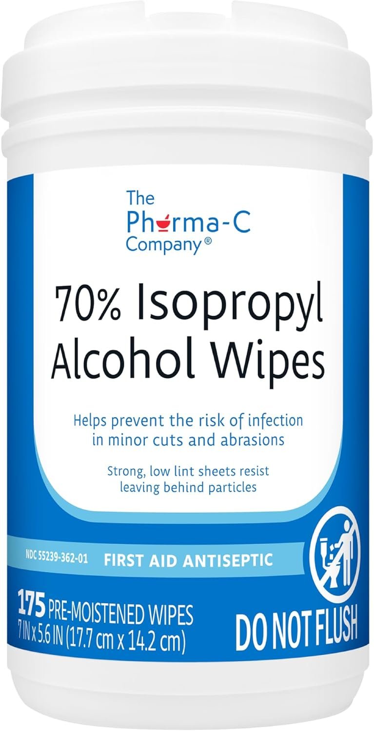 The Pharma-C Company 70% Isopropyl Alcohol Wipes [175ct Wipes] – Large Durable IPA Wipes. First-Aid Antiseptic Wound Cleaner with Moisture Lock Lid.