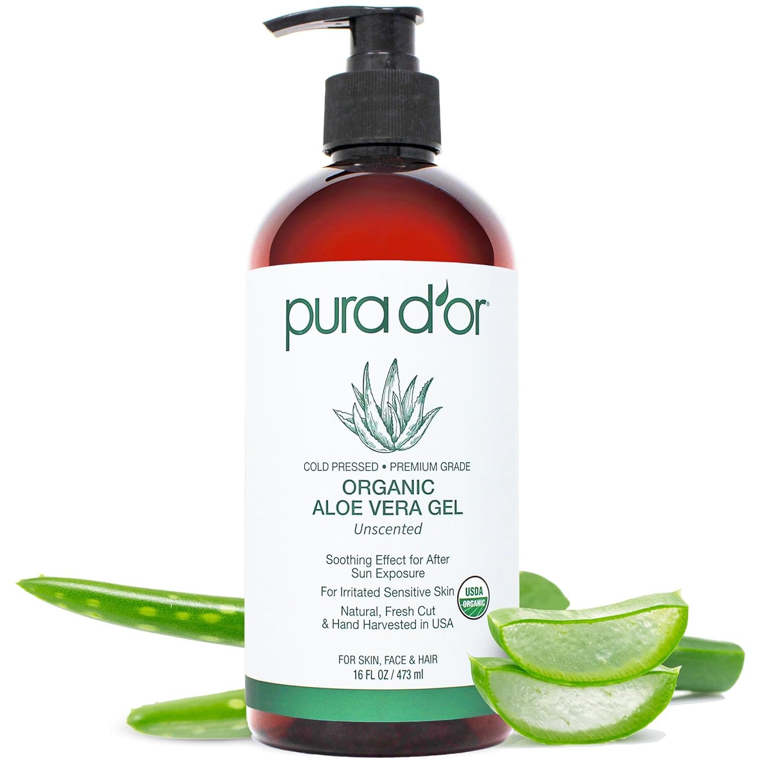 PURA D’OR 16 Oz ORGANIC Aloe Vera Gel – Unscented – All Natural – ZERO Artificial Preservatives – Deeply Hydrating & Moisturizing – Sunburn, Bug Bites, Rashes, Small Cuts, Eczema Relief – Skin & Hair