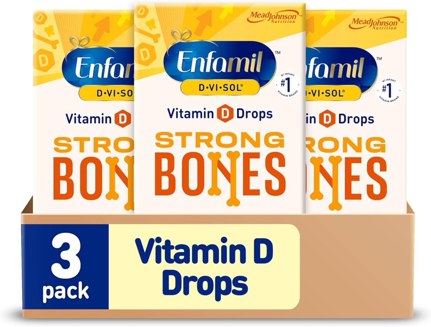 Enfamil Baby Vitamin D-Vi-Sol Vitamin D Liquid Supplement Drops for Infants, Supporting Strong Teeth & Bones in Newborn Babies, Easy-to-Use, Gluten-Free, 50 mL Dropper Bottle, Pack of 3