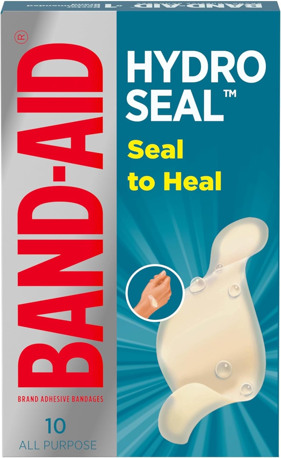 BAND-AID Brand Hydro Seal Adhesive Waterproof Bandages, Hydrocolloid Gel Patch for First Aid, Faster Healing for Minor Blisters, Cuts & Scrapes, 10 Count