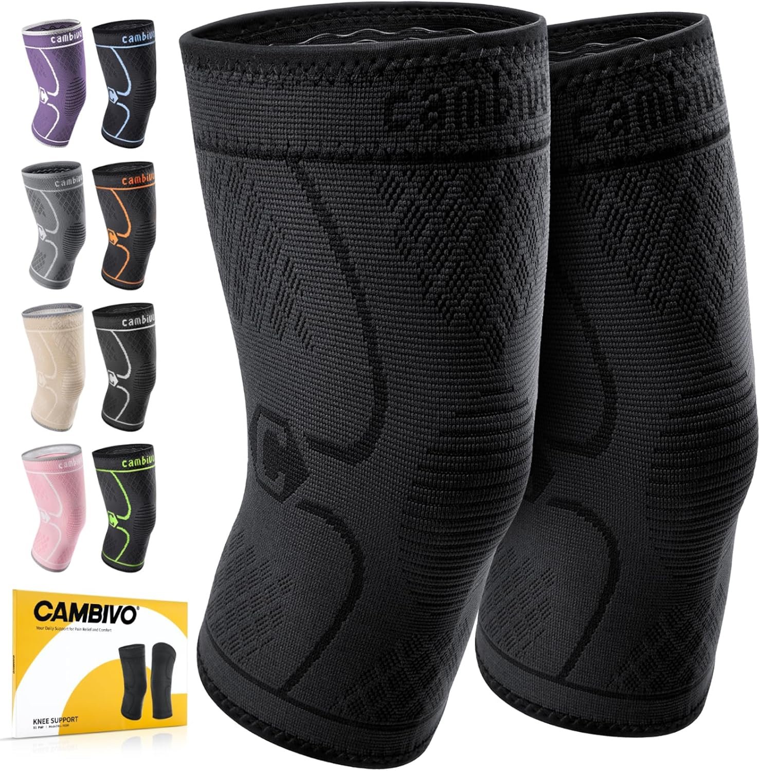 CAMBIVO 2 Pack Knee Braces for Knee Pain, Knee Compression Sleeve for Men and Women, Knee Support for Meniscus Tear, Running, Weightlifting, Workout, ACL, Arthritis, Joint Pain Relief (Black,X-Large)