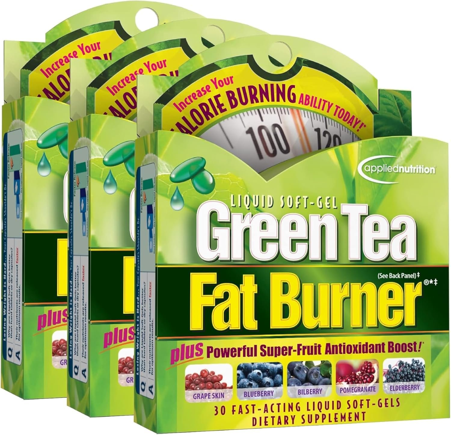 Applied Nutrition Green Tea Fat Burner – 30 Liquid Soft-Gels, Pack of 3 – Increases Calorie Burning & Supplies Powerful Antioxidants – 45 Total Servings