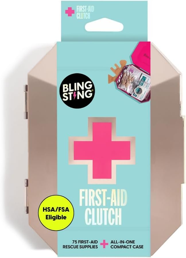 BLINGSTING First Aid Kit – 75 Essential First-aid Supplies, Bandages, Wipes, Gold Travel Case – Multipurpose Mini Emergency Kit for Women – Pink Interior – Compact & Versatile – TSA Approved (1 Count)