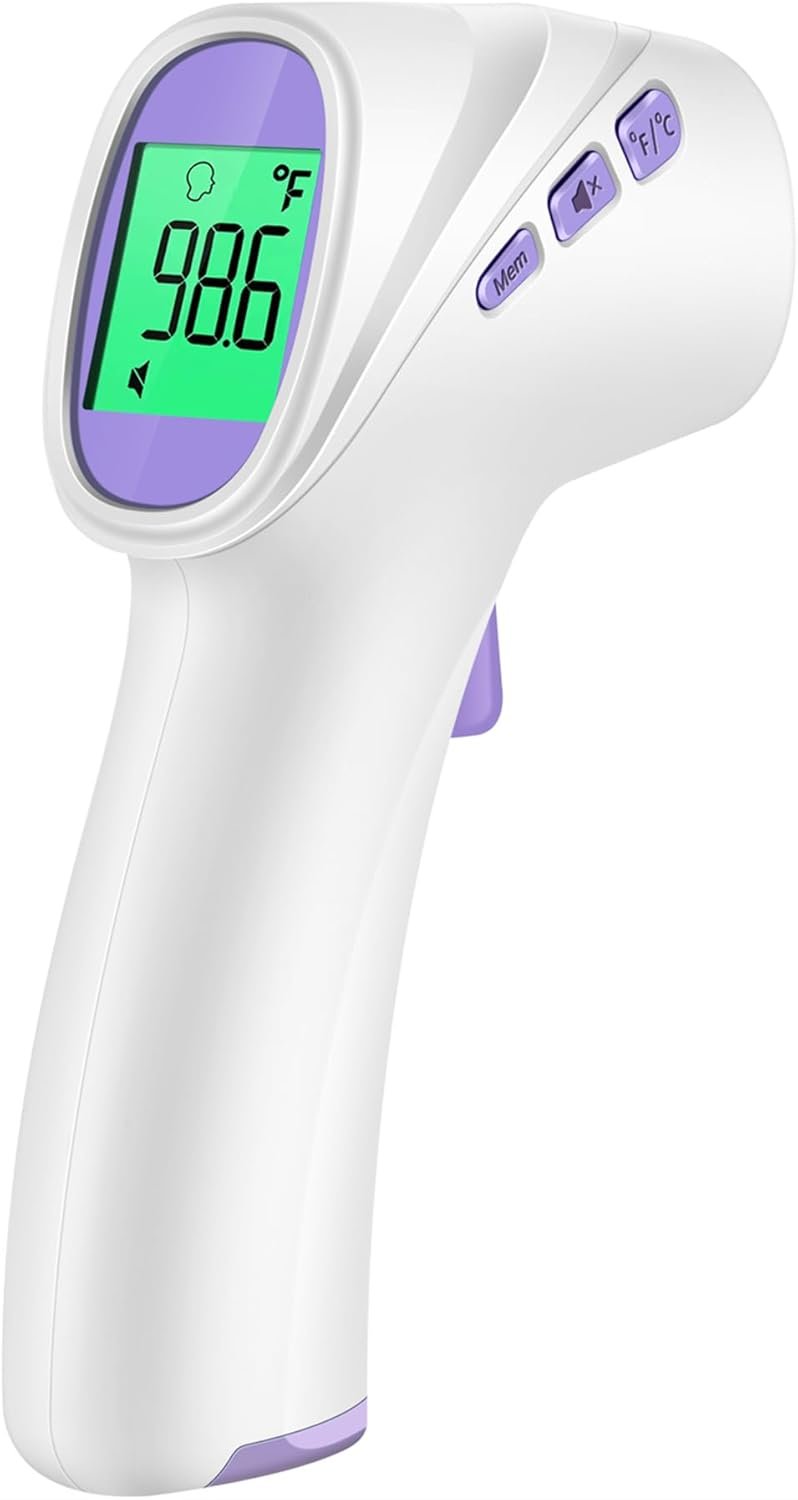 Forehead Thermometer for Adults, Kids & Babies, No-Touch Digital Thermometer with LCD Backlight Display, Fever Alarm and 1s Instant Reading – Purple