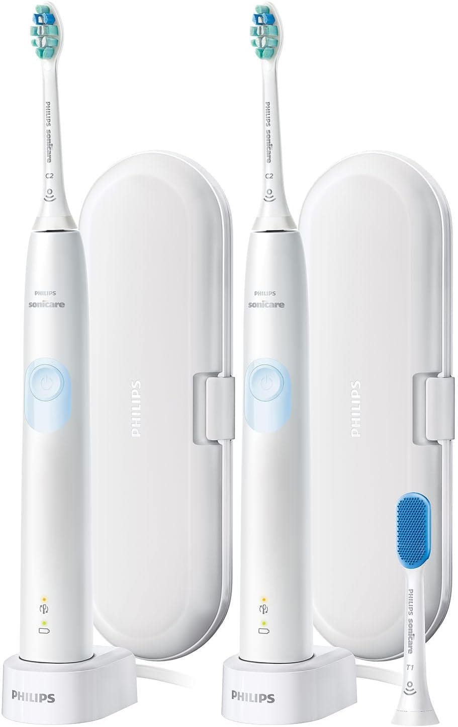 PHILIPS Sonicare ProtectiveClean 4300 Rechargeable Electric Power Toothbrush, 2 Pack – HX6402/85 – White + White – Up to 2 Weeks Operating time