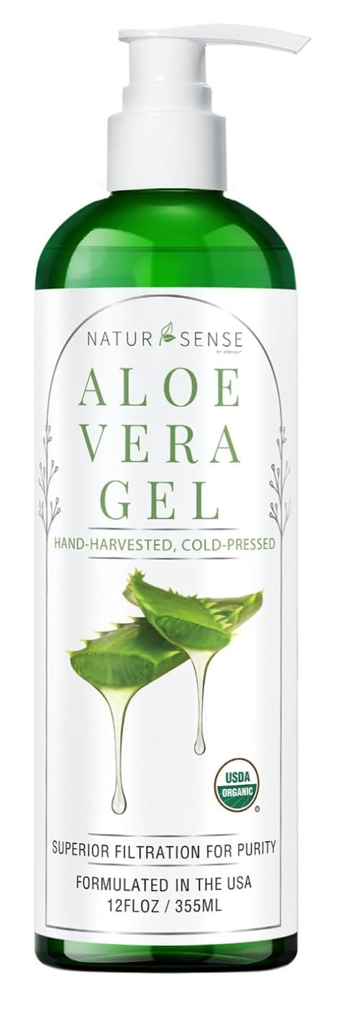 NaturSense USDA Organic Aloe Vera Gel from 100% Pure Aloe. Deep Hydration, Effective Moisturizing. Great for Hair, Scalp, Face, Dry Skin, Acne, Sunburn, Sensitive Skin. Unscented, 12 oz.