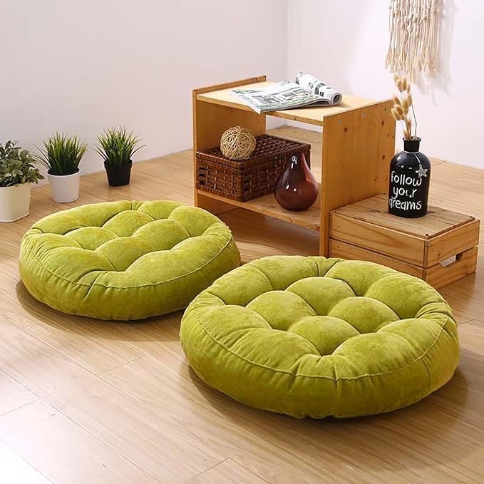 Meditation Floor Pillow Set of 2 Large Round Floor Cushions for Adults Tufted Corduroy Floor Seat Pillows Cushion for Living Room,Grass Green 16.5″ Lx16.5 Wx3 H