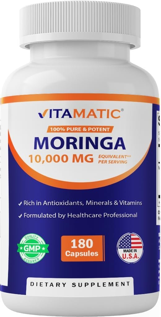 Vitamatic Moringa Capsules 10,000 mg Equivalent Per Serving – 180 Capsules – Pure Moringa Oleifera Leaf Powder Supplement – Green Superfood – Non-GMO, Made in The USA