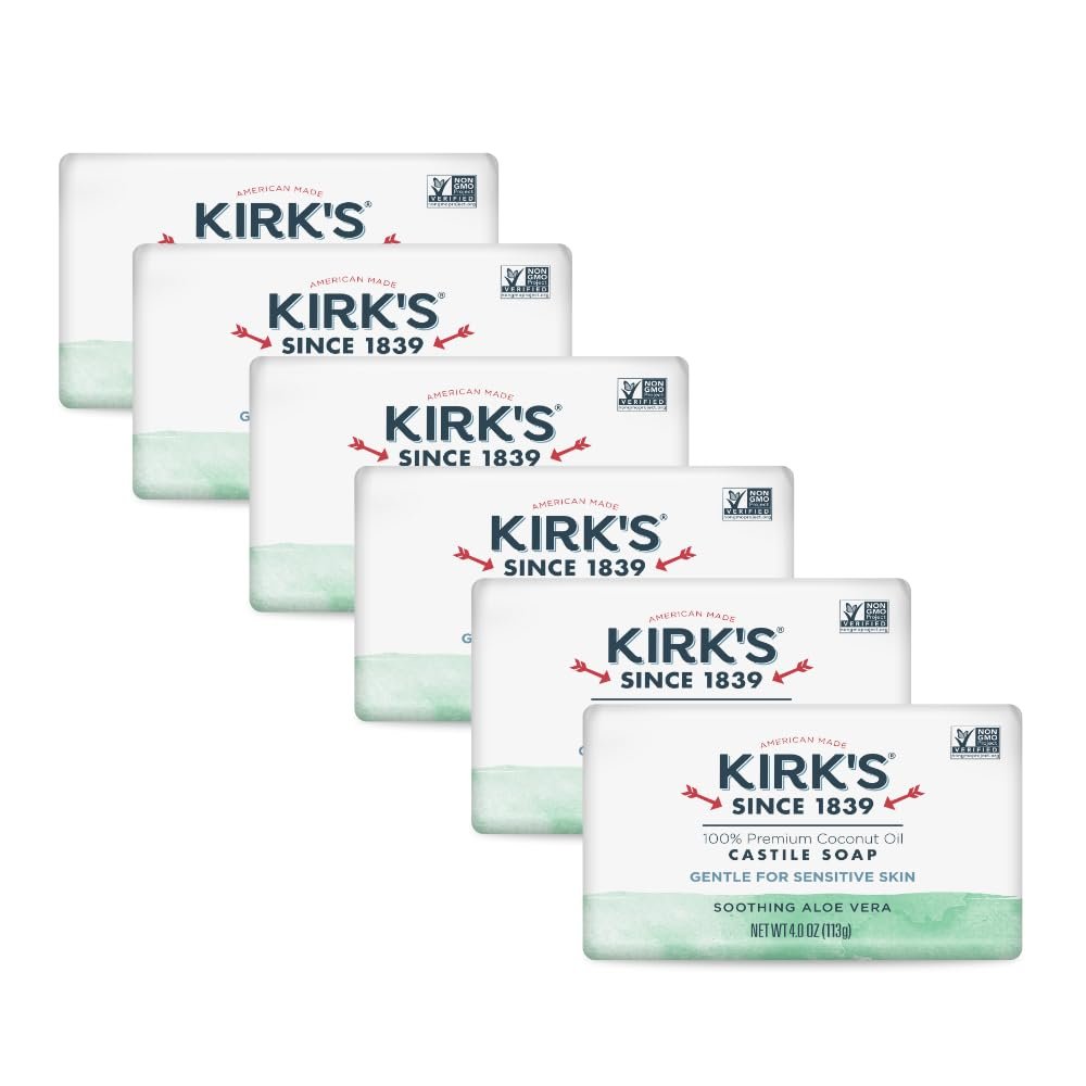 Kirk’s Castile Bar Soap for Men, Women & Children – Made with Premium Coconut Oil, Sensitive Skin Formula, Vegan, Non GMO, Aloe Vera, 4 oz. Bars 6 Pack