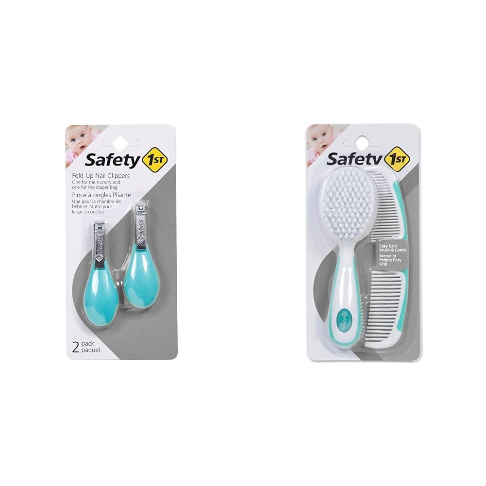 Safety 1st Fold-Up Nail Clipper, 2-Count – Colors May Vary & Easy Grip Brush and Comb, Colors May Vary