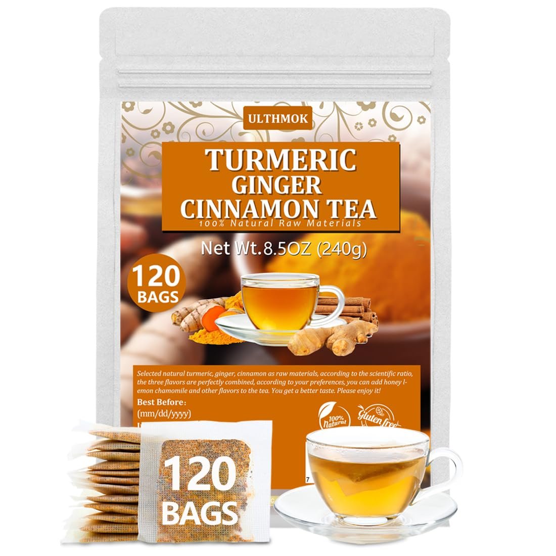 120 Premium Turmeric, Ginger, Cinnamon Blend Tea Bags, 100% Natural & No Additives & Caffeine Free.