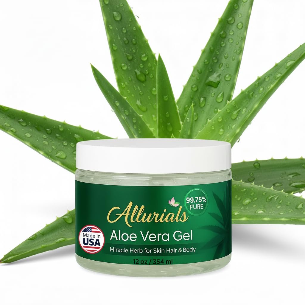 Allurials 99.75% Pure & Organic Aloe Vera Gel – Made in USA, Clinically tested & Dermatologist approved, Hydrates & Heals Dry & Damaged Skin & Hair- 12 Oz
