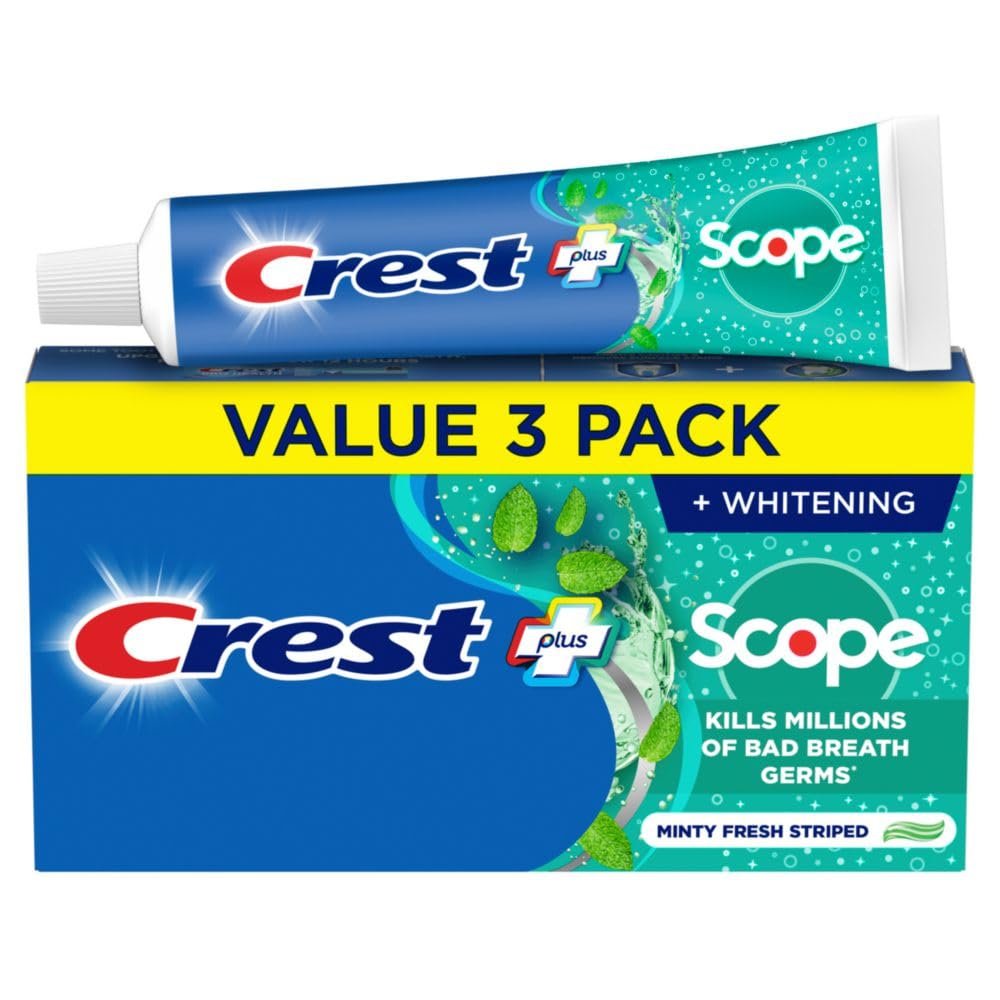 Crest + Scope Whitening Toothpaste – Pack of 3, 5.4 Oz Tubes – Anticavity Fluoride Toothpaste, Fresh Breath, Kills Germs – Tartar Protection, Enamel Protection – Minty Fresh Flavor