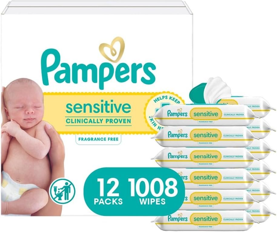 Pampers Sensitive Baby Wipes, Water Based, Hypoallergenic and Unscented, 8 Flip-Top Packs, 4 Refill Packs (1008 Wipes Total)