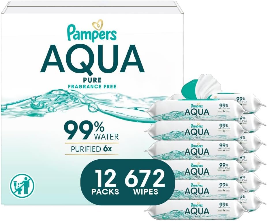 Pampers Baby Wipes Aqua Pure, 99% water-based wipes, Hypoallergenic and Unscented Baby Wipes, 672 Wipes Total (12 Flip-Top Packs)