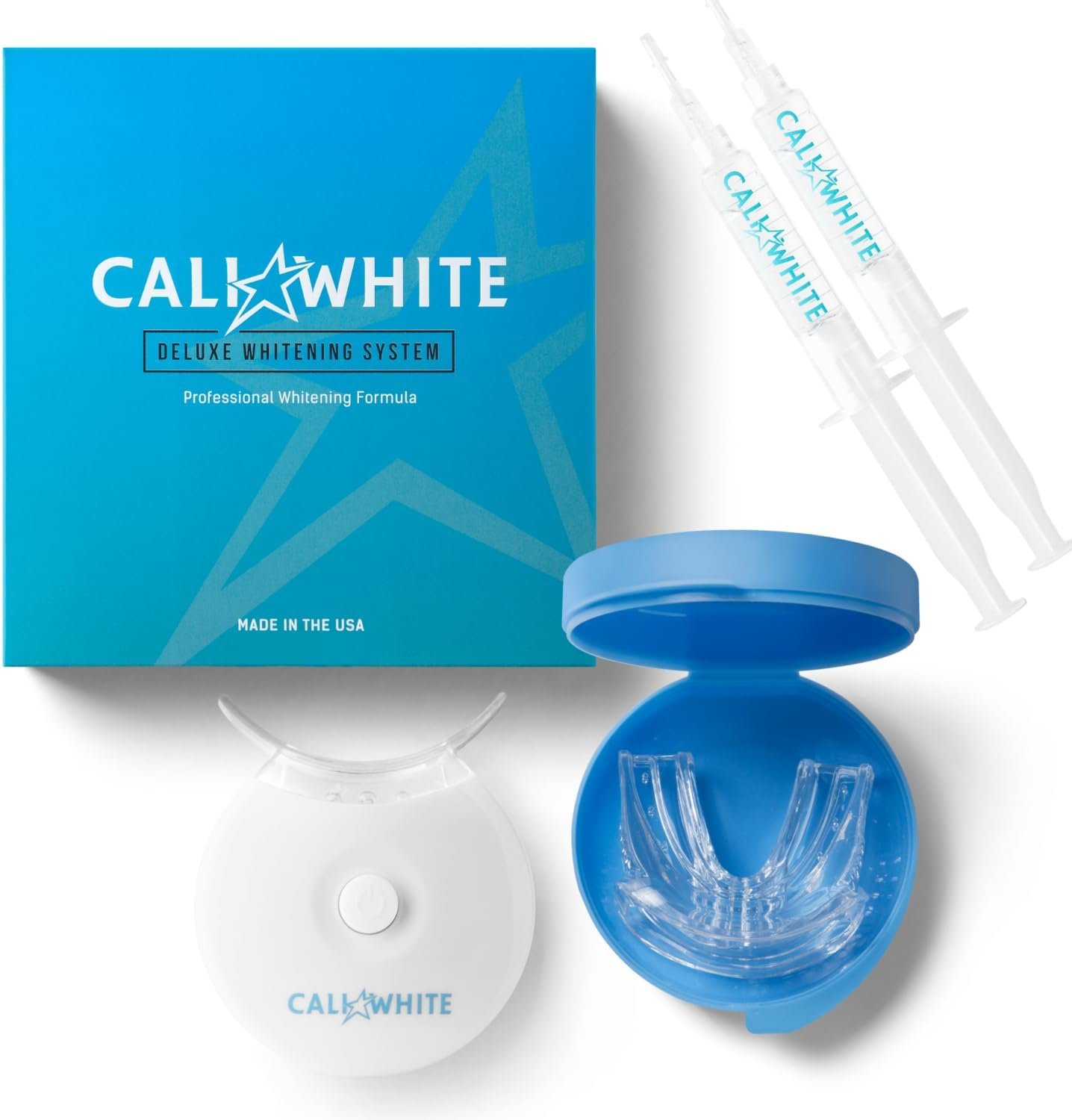 Cali White Teeth Whitening Strip Kit with LED Light and Batteries – Organic Peroxide Teeth Whitener Gel – Set of White Strips – 2x5ml Syringes, Thermoform Whitening Kit Trays and Case