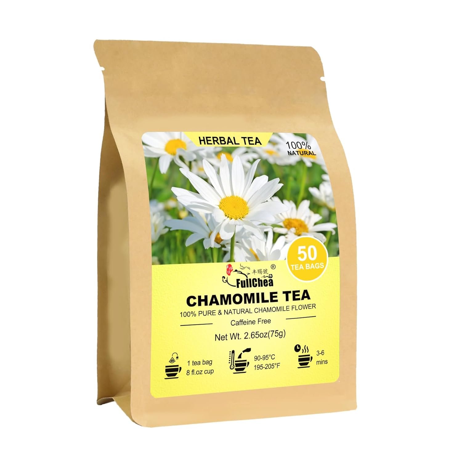FullChea – Chamomile Tea bags, 50 Teabags, 1.5g/bag – Pure & Natural Chamomile Flower Herbal Tea for Relaxation – Non-GMO – Caffeine-free – Support Digestion & Boost Immune System