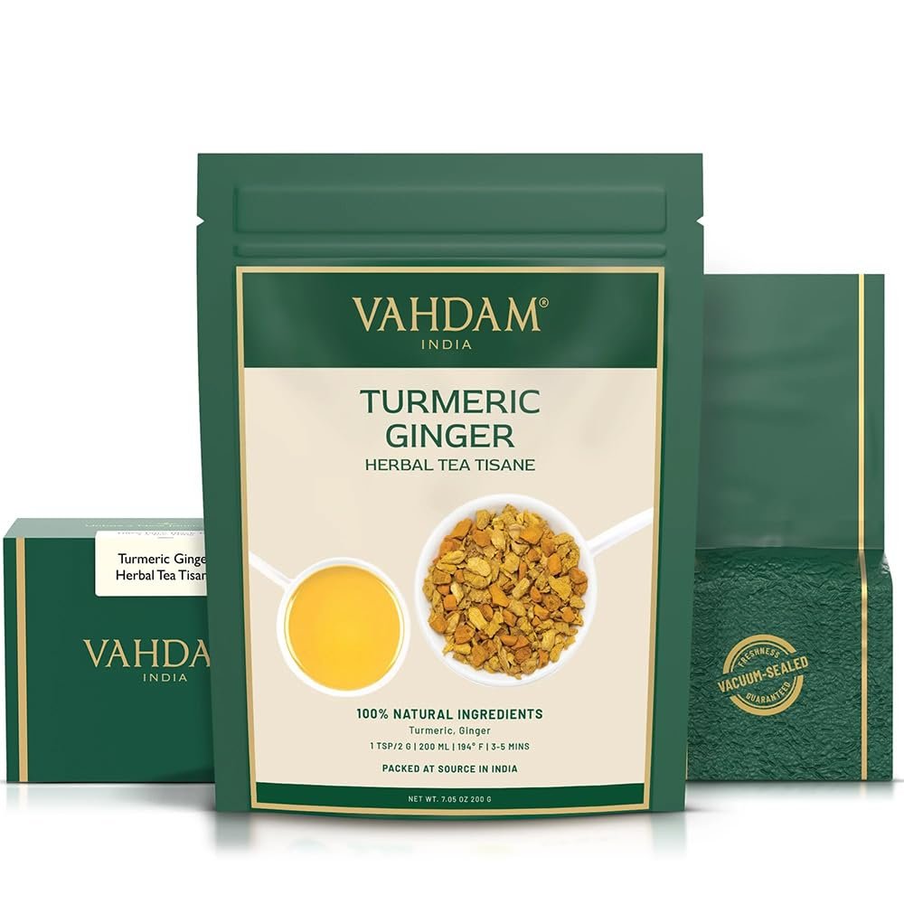 VAHDAM, Turmeric Ginger Herbal Tea (50+ Cups, 3.53oz) Caffeine Free | 100% Pure Herbal Blend – Savory & Spicy | Vacuum Sealed | Direct from Source