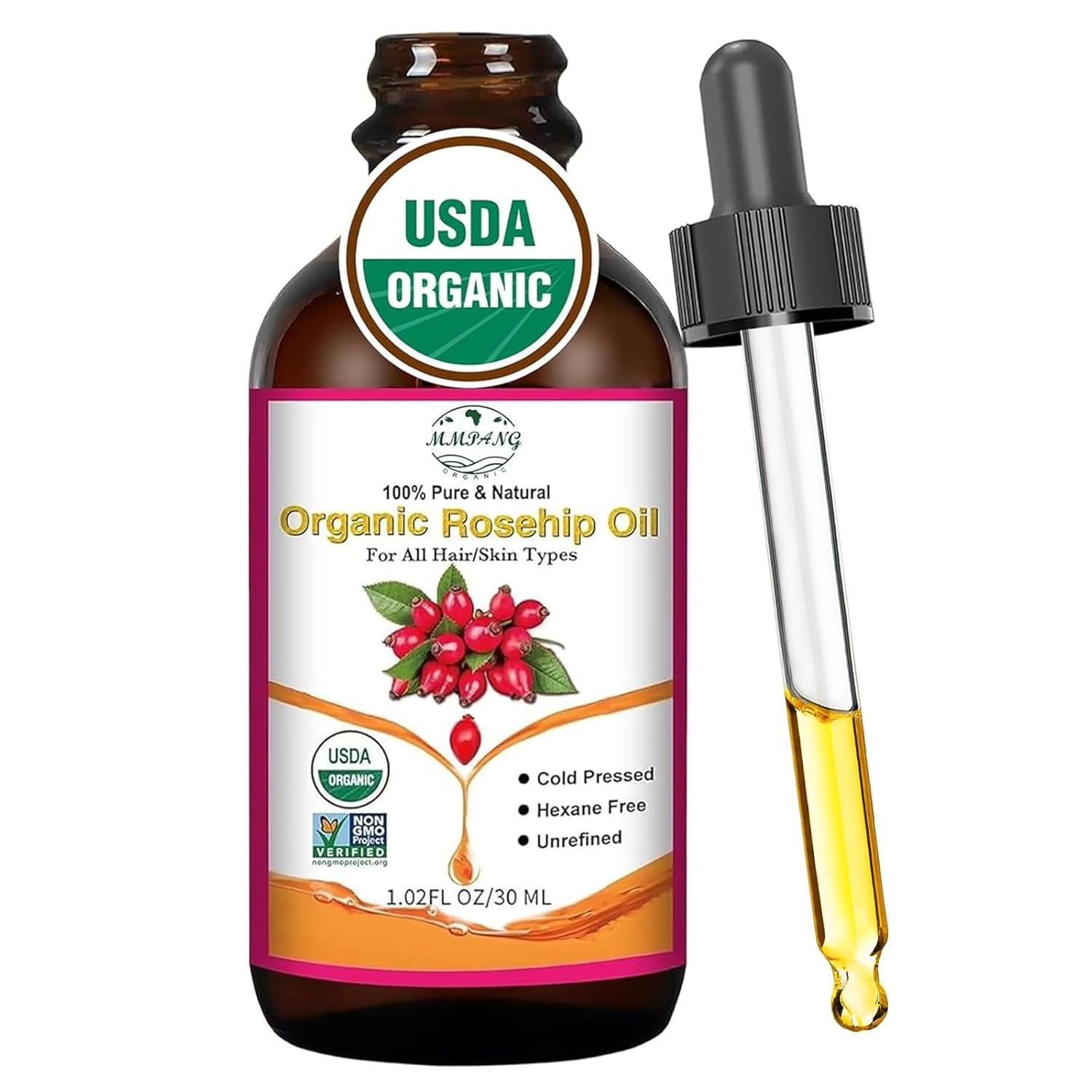 Organic Rosehip Seed Oil for Face, USDA Certified, Cold Pressed, Unrefined, 100% Pure Natural Rose Hip Oil (1oz / 30ml) for Anti-Aging, Acne Scar Treatment, Skin & Hair Care, Gua Sha Massage