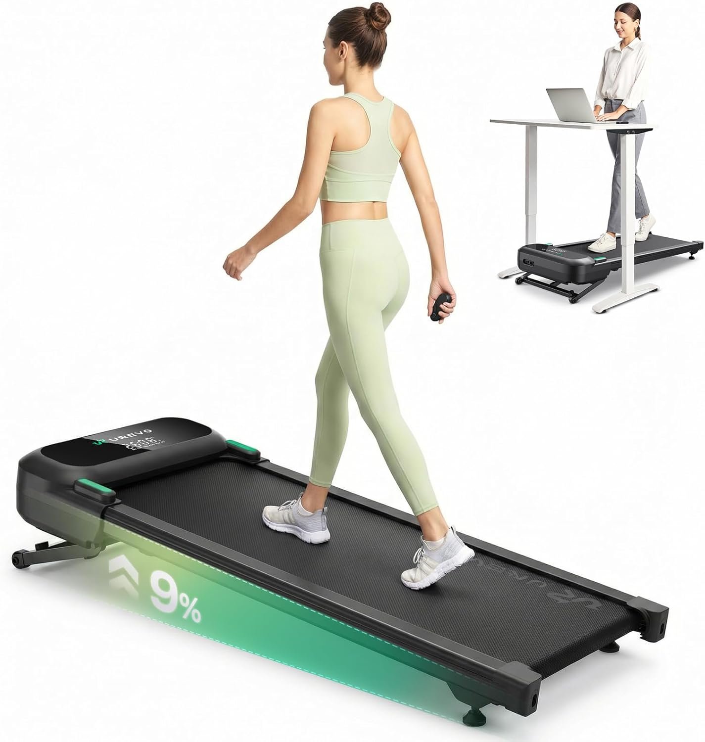 UREVO Auto Incline Walking Pad with AI App, 2.5HP Brushless Quiet Motorized Treadmill for Apartments, 9% Power Incline Standing Desk Treadmill, 12-Point Shock Absorption & Immersive Hiking