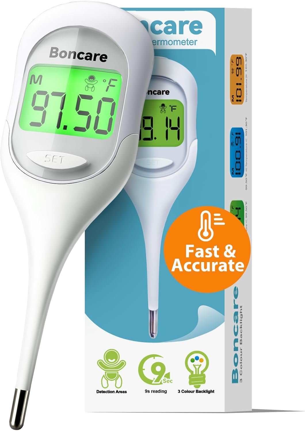 Boncare 9 Seconds Basal Body Thermometer for Ovulation, Oral Thermometer for Adults and Kids – Accurate Rectal Thermometer, with Fever Alarm and Large Display (Rice-White)