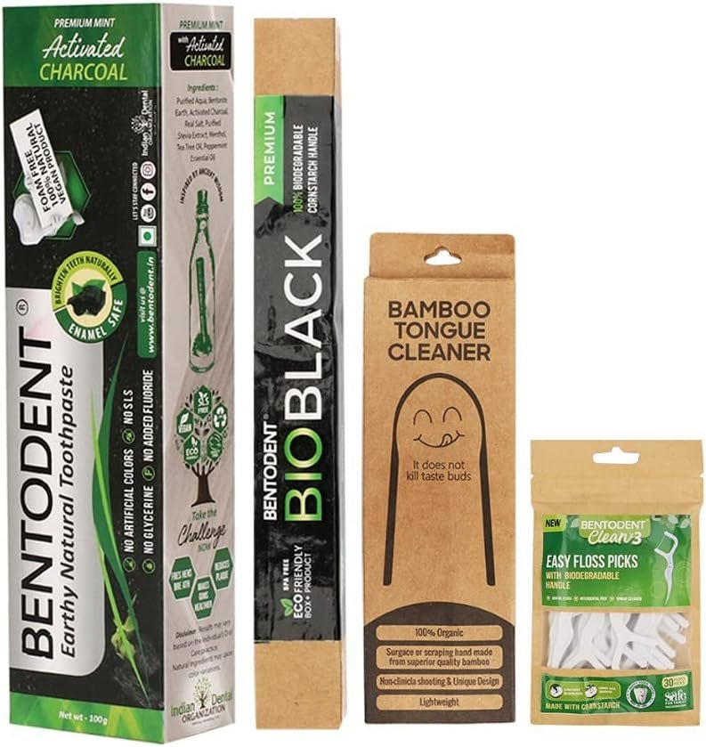 Bentodent Toothpaste – Smile Box For Complete Oral Care Incl Charcoal Toothpaste, Bio Black Soft Toothbrush, Bamboo Tongue Cleaner, Biodegradable Floss