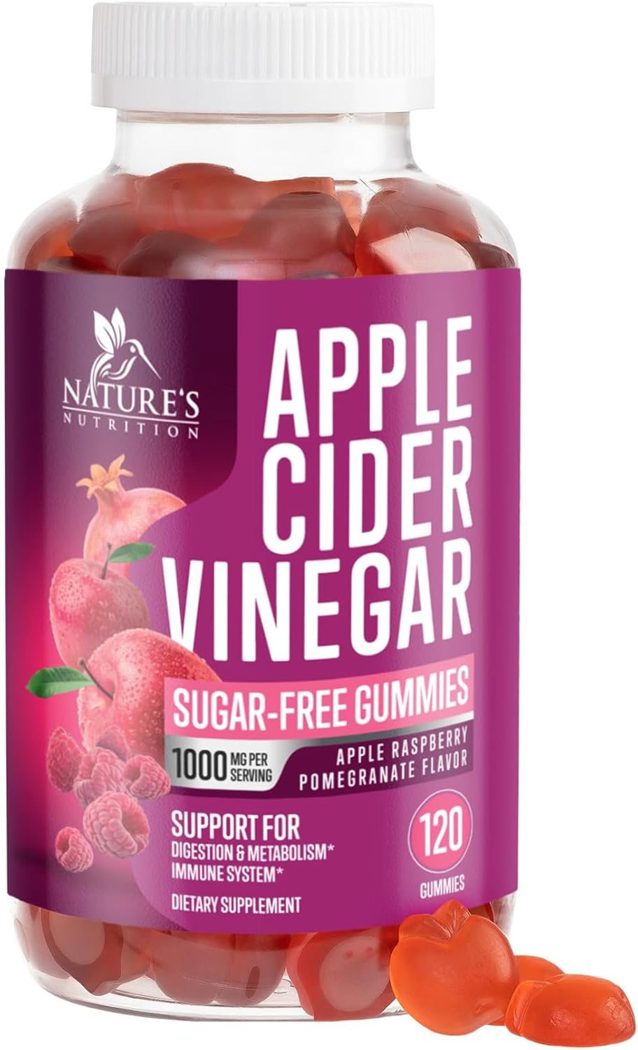 Apple Cider Vinegar Gummies 1000mg – Sugar Free Max Strength ACV Gummy Vitamins, Advanced Formula with Vitamin B12 Supports Metabolism & Energy, Keto Friendly, Gluten-Free, Vegan, Non-GMO, 120 Gummies