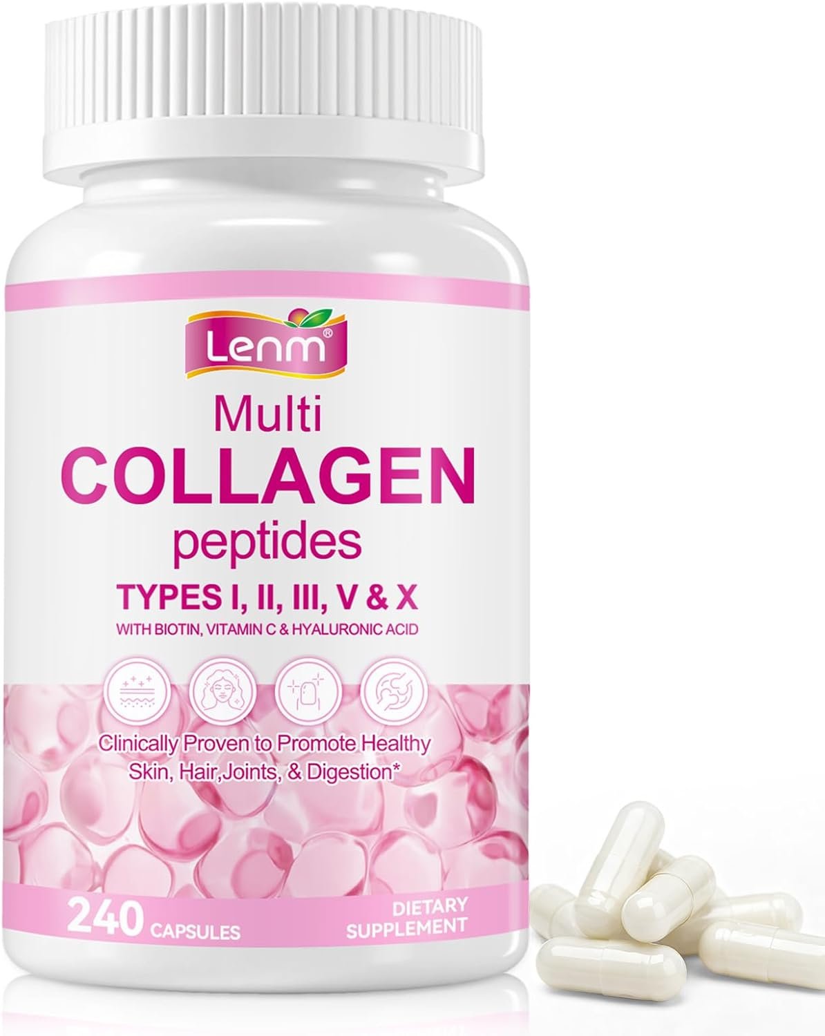 Multi Collagen Peptides for Women & Men, Hydrolyzed Types I II III V X with Biotin & Hyaluronic Acid, Vitamin C Beauty Formula, Hair Skin Nails Support, Non-GMO, 240 Capsules