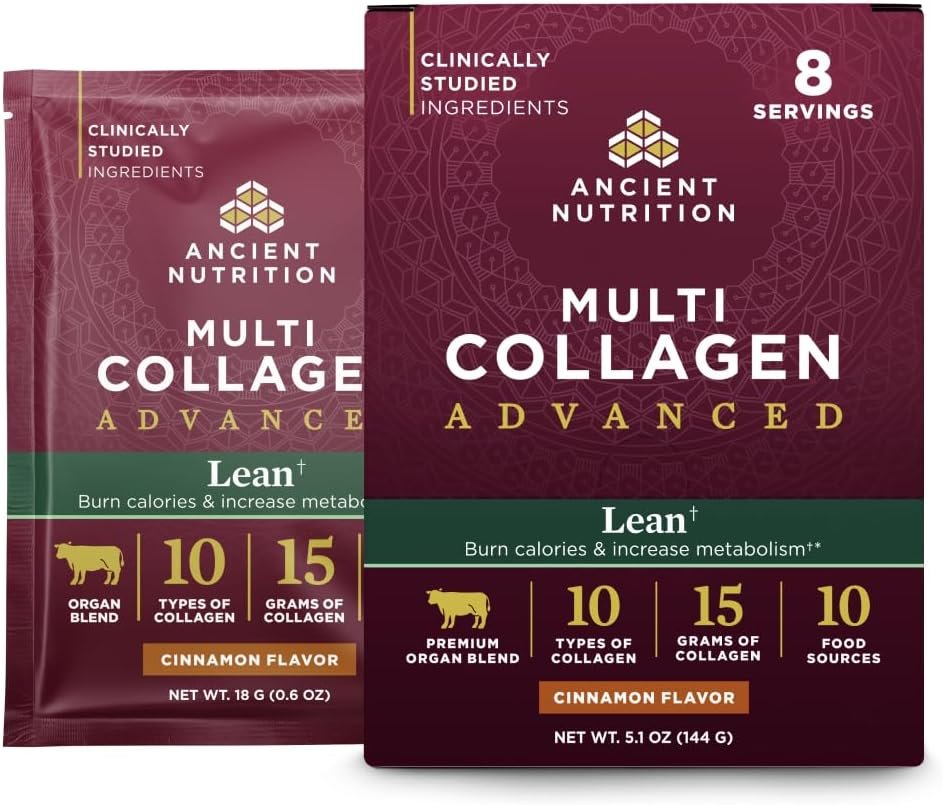 Ancient Nutrition Advanced Hydrolyzed Collagen Peptides Powder Protein Lean with Probiotics and Vitamin C, Cinnamon, for Women & Men, Supports Healthy Weight Management & Muscle Building, 8 Packets