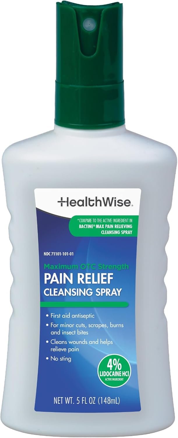 Maximum OTC Strength Pain Relief Cleansing Spray | First Aid Antiseptic | 4% Lidocaine + 13% Benzalkonium | No Sting Formula | 5 fl oz