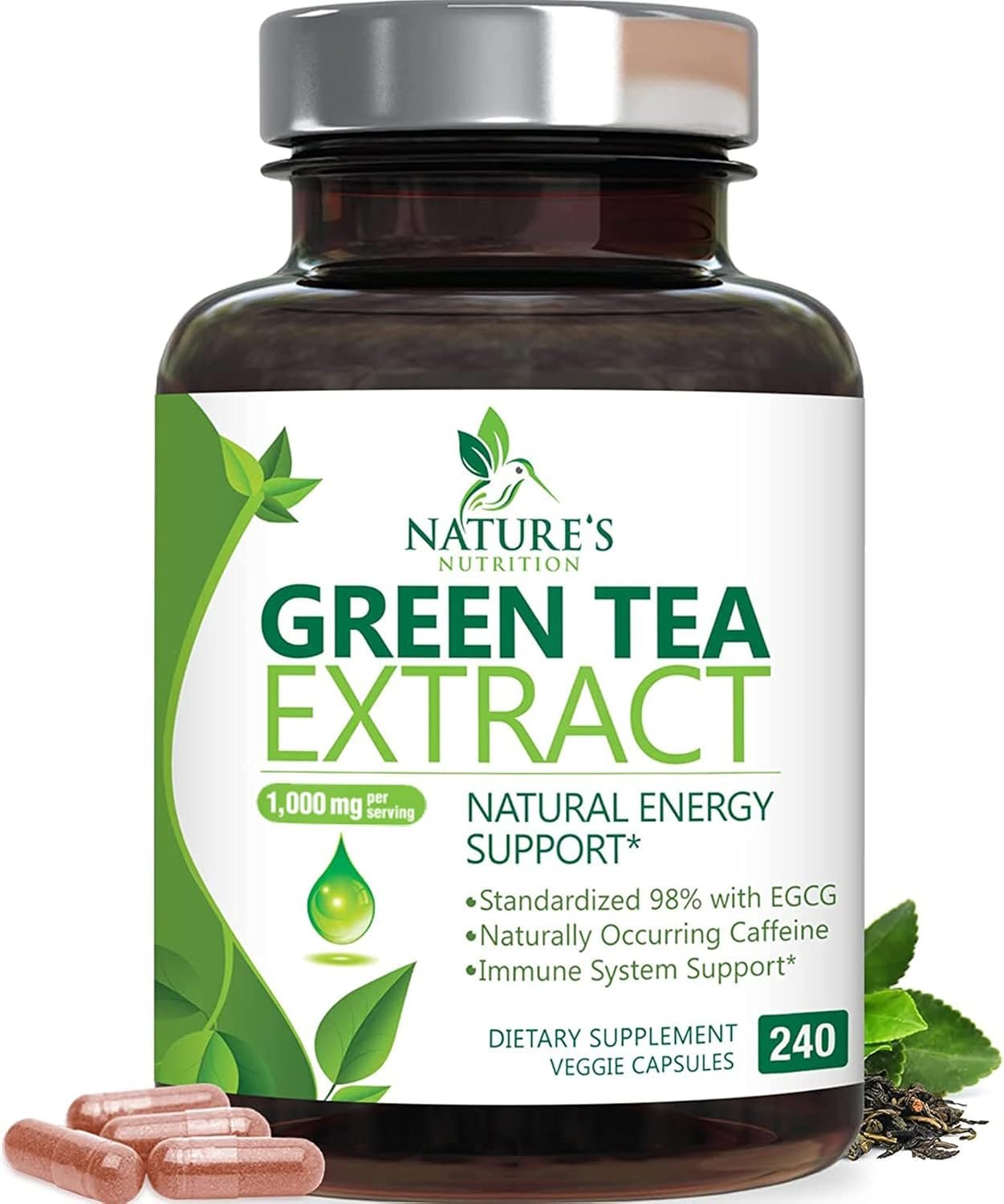 Green Tea Extract Capsules 1000 mg – 3X Strength Green Tea Pills with 45% EGCG & 98% Polyphenols for Natural Energy – Vegan Antioxidant Herbal Supplement for Heart Health Support – 240 Capsules