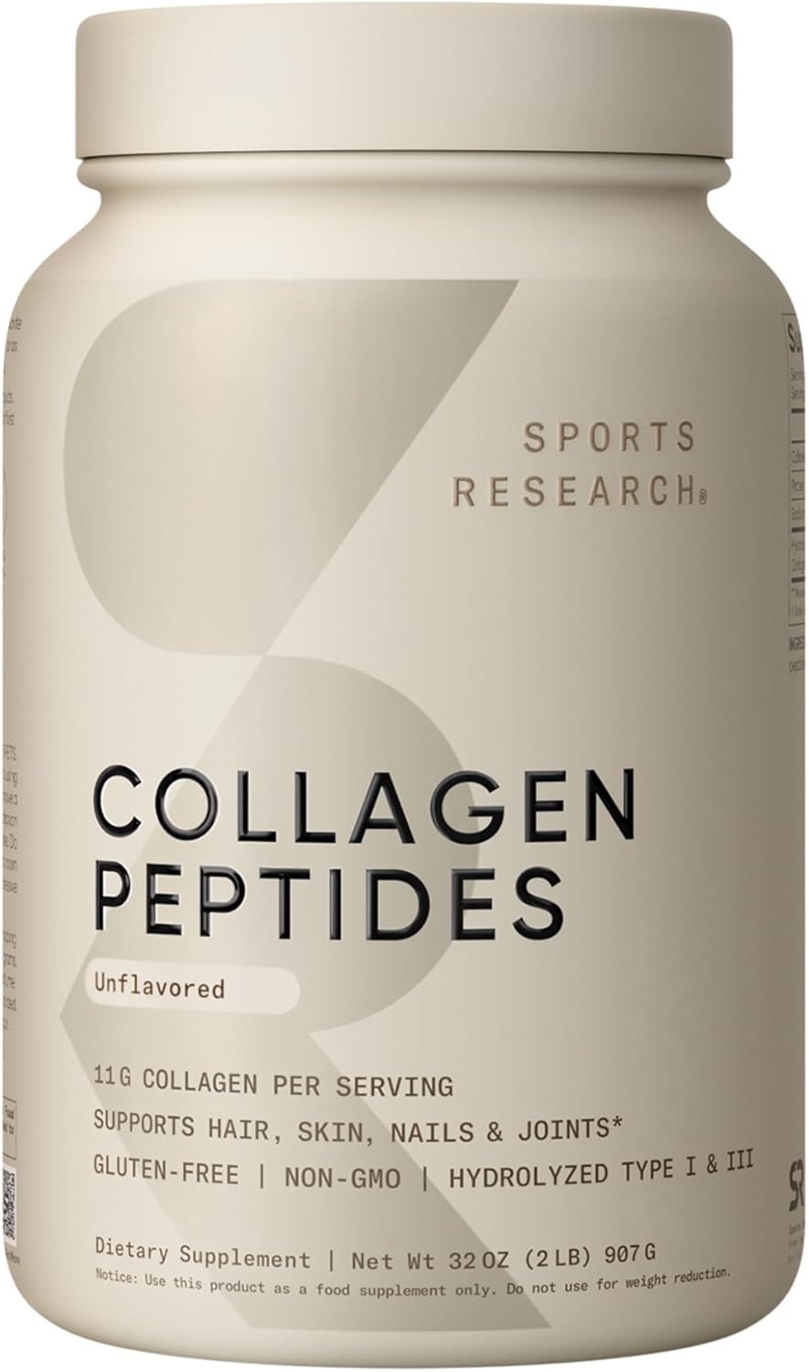 Sports Research Collagen Peptides – Hydrolyzed Type 1 & 3 Collagen Powder Protein Supplement for Healthy Skin, Nails, & Joints – Easy Mixing Vital Nutrients & Proteins, Collagen for Women & Men