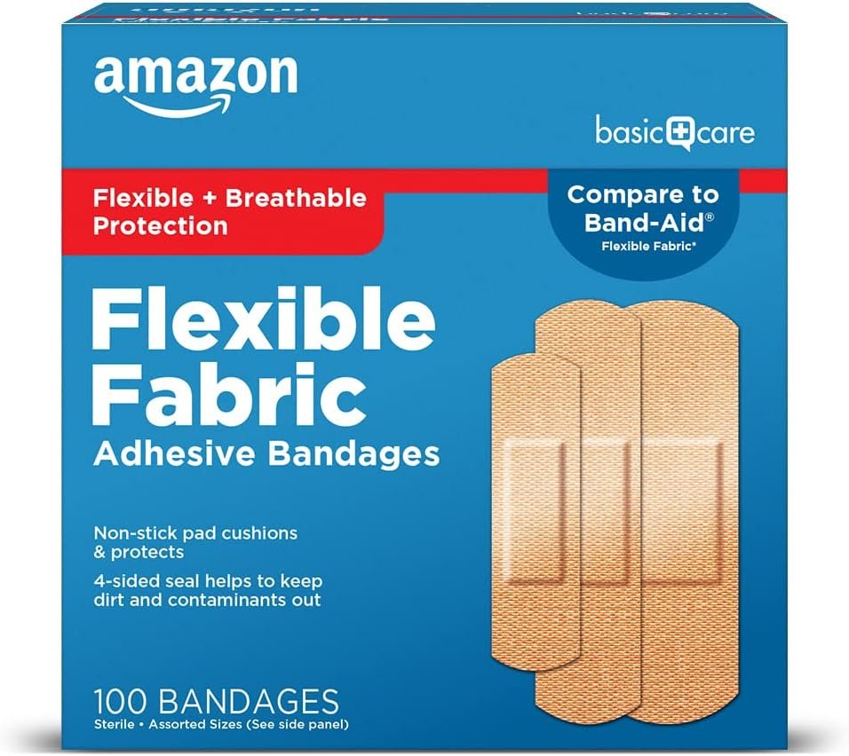 Amazon Basic Care Flexible Fabric Adhesive Bandages, First Aid and Wound Care Supplies, Assorted Sizes, 100 Count
