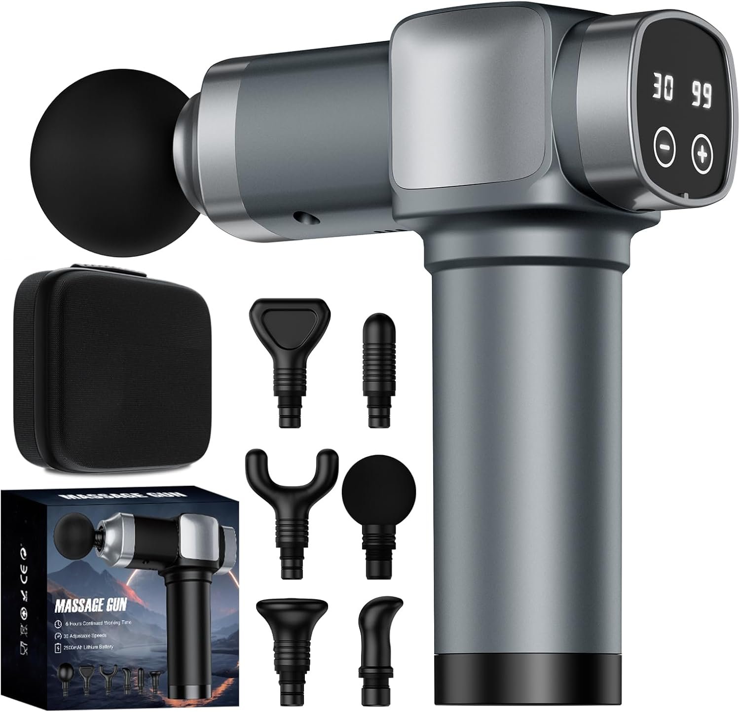 Massage Gun, Deep Tissue Massage Gun for Pain Relief, Handheld Electric Muscle Back Massager, Super Quiet Percussion Electric Massager with 30 Speed Levels 6 Massage Heads, Carry Case (Grey)