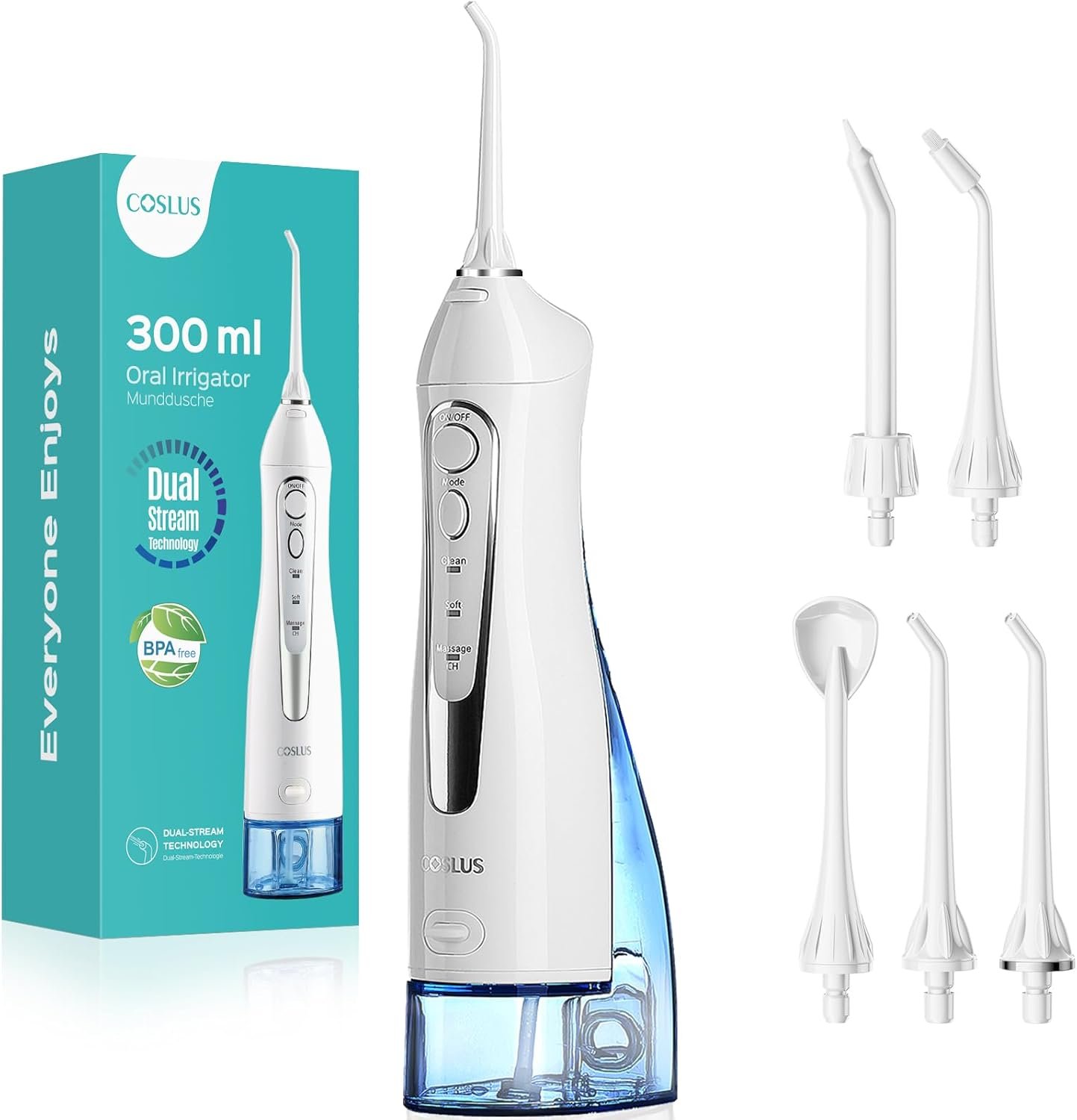 COSLUS Water Dental Flosser Teeth Pick: Portable Cordless Oral Irrigator 300ML Rechargeable Travel Irrigation Cleaner IPX7 Waterproof Electric Flossing Machine for Teeth Cleaning C20(F5020E) White