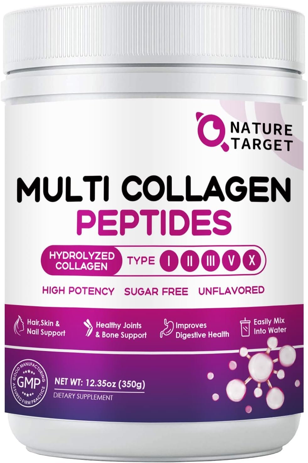 NATURE TARGET Multi Collagen Peptides Powder – Type I, II, III, V, X – Hydrolyzed Collagen Peptides with Vitamin C Hyaluronic Acid, Supports Skin Hair Nail & Joint, Grass-Fed, Non-GMO, 35 Servings