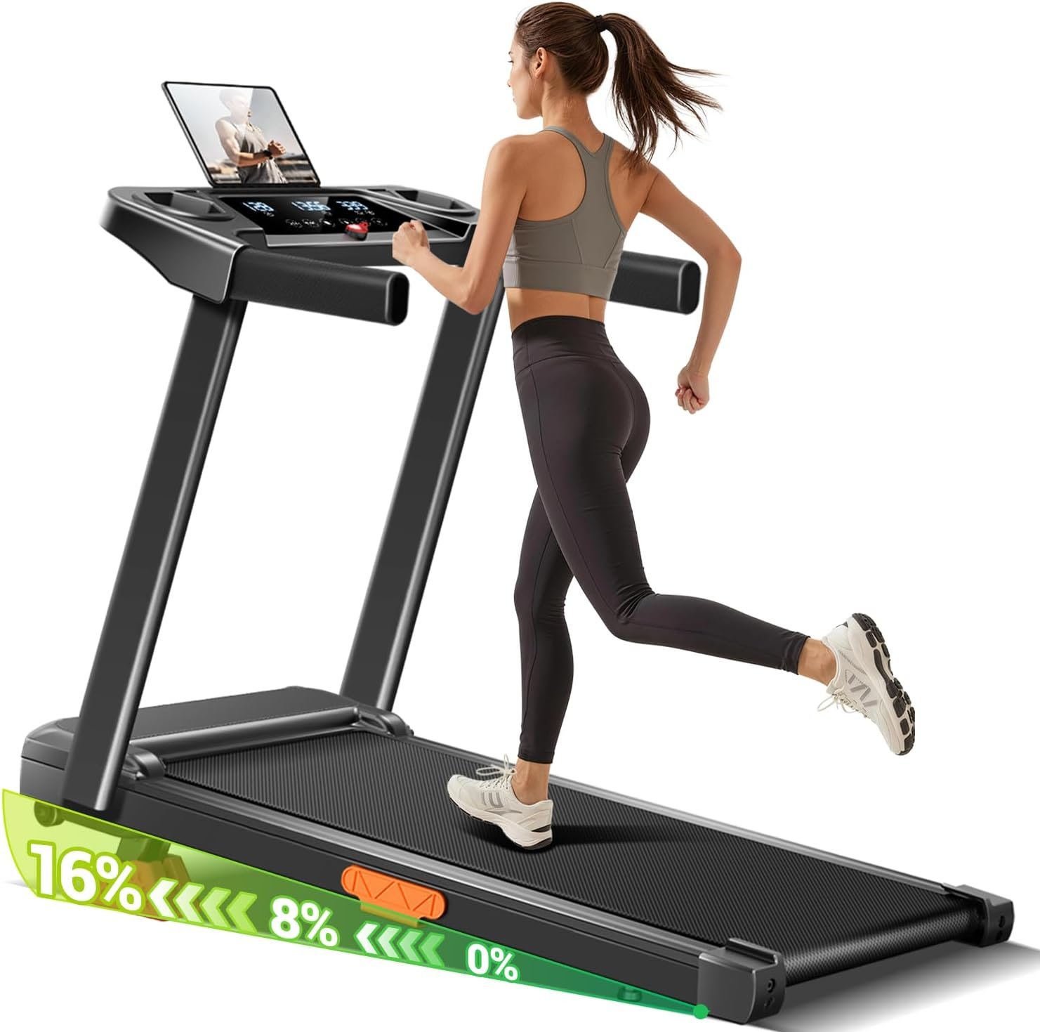 Treadmills for Home with 16% Incline & Handle Bar, 3.0HP Quiet Foldable Treadmill with Led Screen Up to Large Capacity, 7-Layer Shock-Absorbing Walking Pad Treadmill