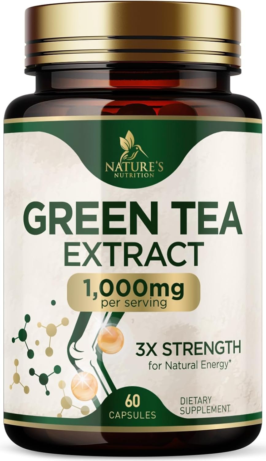 Green Tea Extract Capsules 1000 mg – Standardized 45% EGCG & 98% Polyphenols – 3X Strength Green Tea Pills for Natural Energy – Supports Heart Health, Herbal Supplement, Vegan, Non-GMO – 60 Capsules