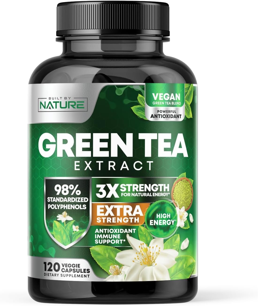 Built by Nature Green Tea Extract 1000mg – High Potency Supplement with 98% Polyphenols, 75% Catechins & 45% EGCG – Natural Energy Support – Non-GMO – 120 Capsules
