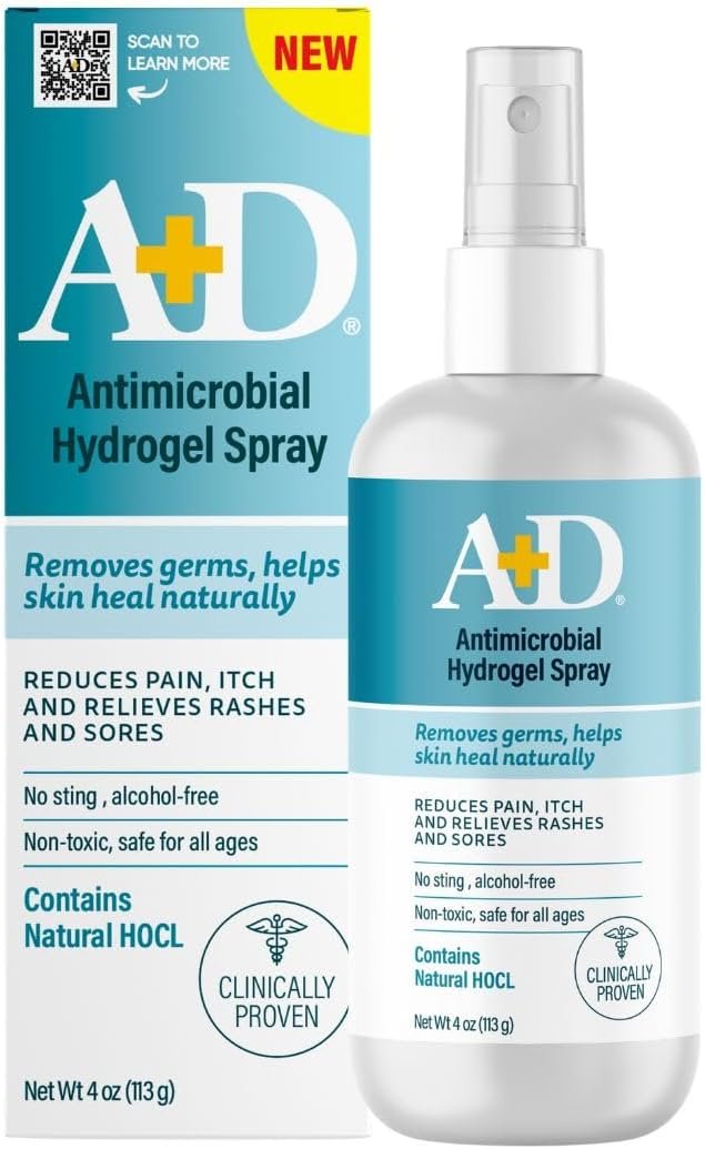 A+D Antimicrobial Hydrogel Spray – with Hypochlorous Acid, Removes Germs, Helps Heal Rashes & Irritations, Reduces Itch & Pain, Alcohol-Free, Non-Sting Formula, Safe for All Ages, 4oz