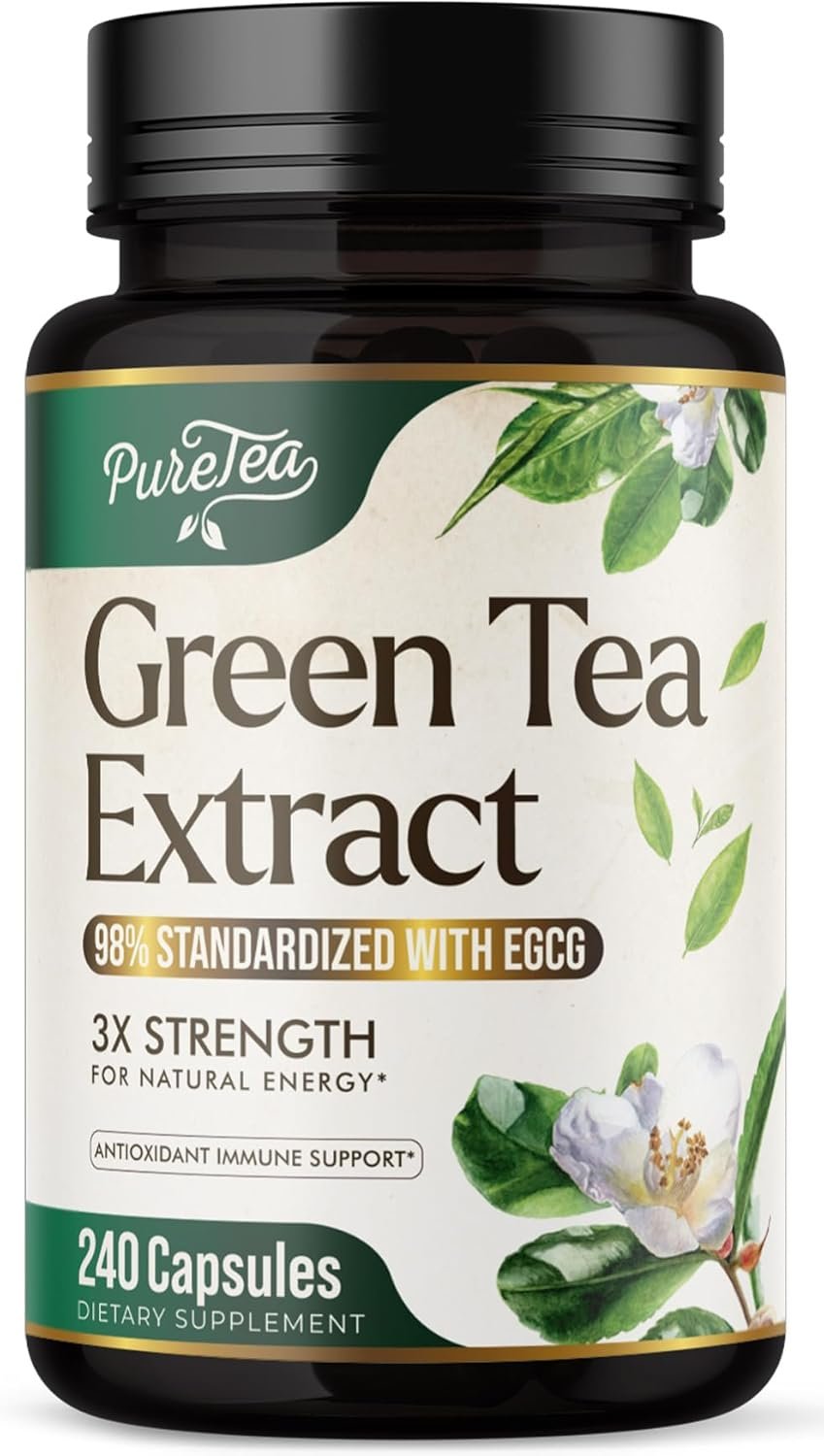 Green Tea Extract Capsules 1000mg – 98% Polyphenols & 45% EGCG for Heart Support with Antioxidants – 3X Absorption Green Tea Pills Supplement for Natural Energy, Gentle Caffeine – 240 Capsules