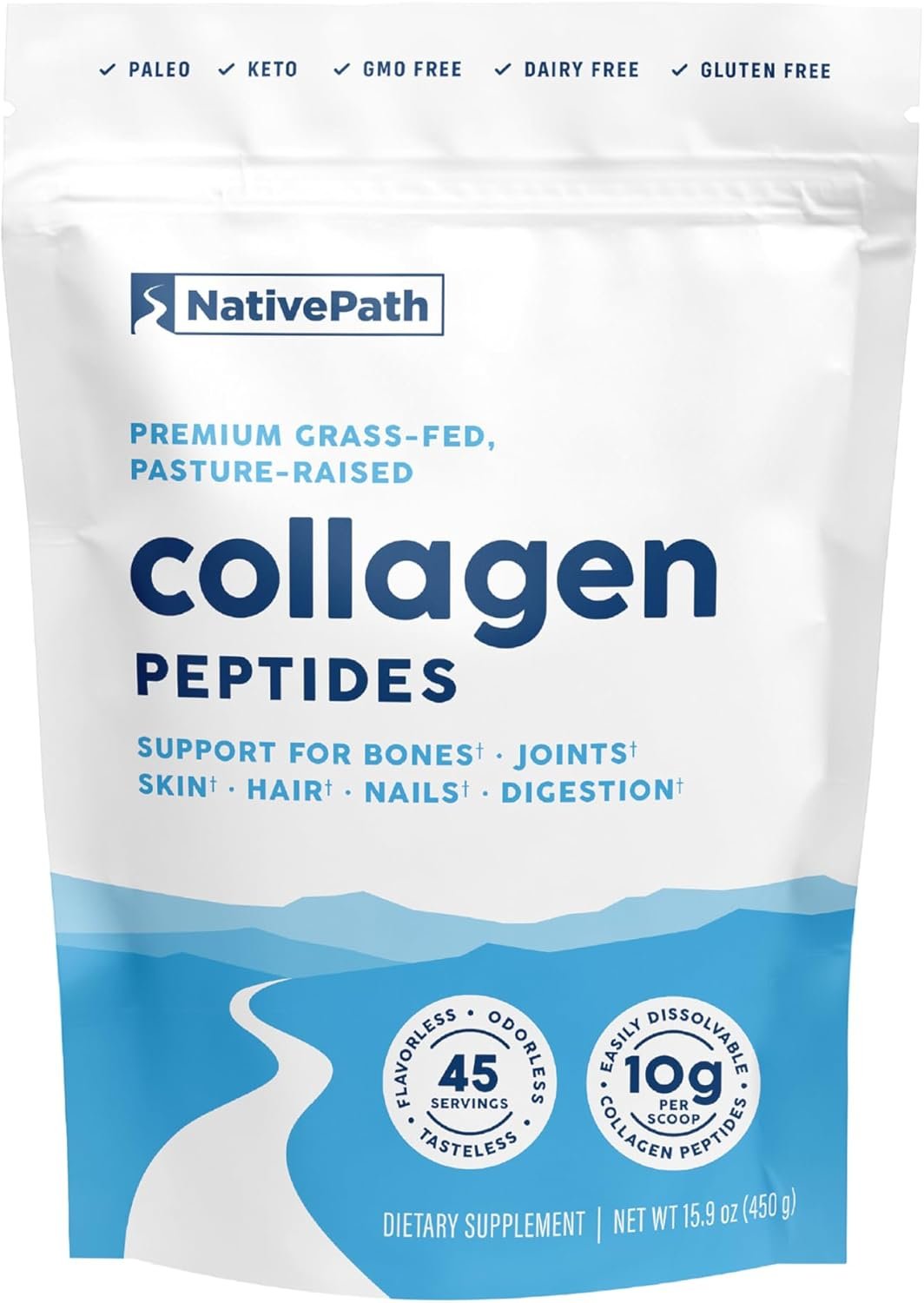 NativePath Collagen Peptides Protein – Hydrolyzed Type 1 & 3 Collagen Powder for Skin, Hair, Nails – 15.9 oz (45 Servings)