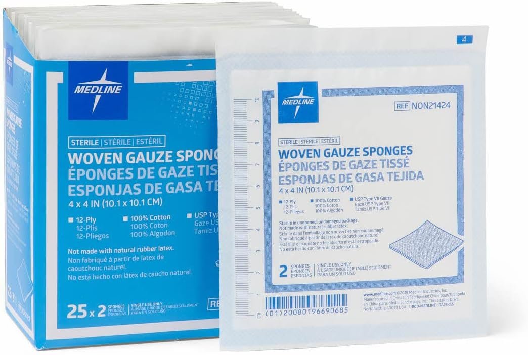 Medline Woven Gauze Sponges, Sterile, 12-Ply, 4 x 4 Inches, Box of 50