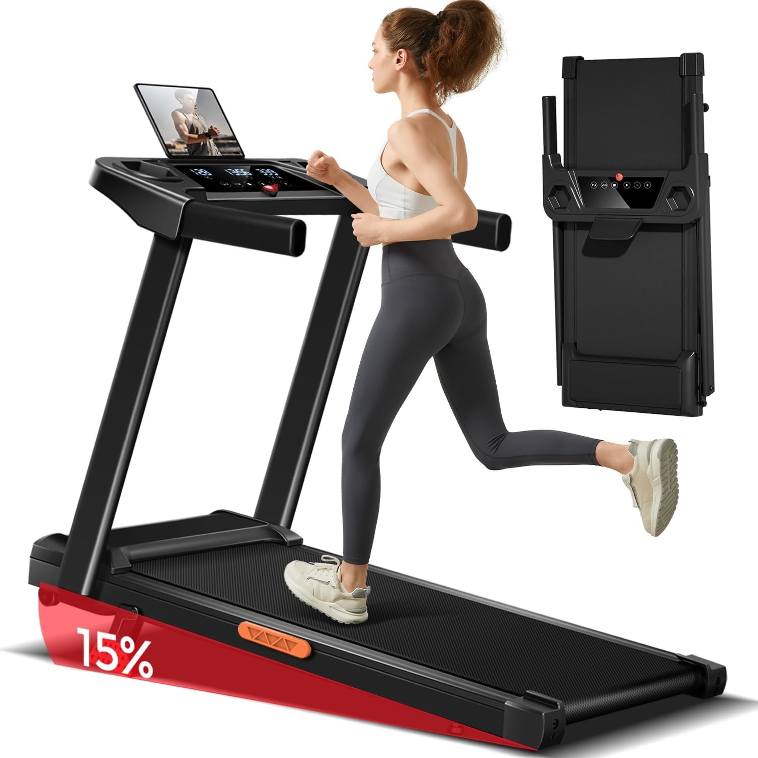 15% Incline Treadmill with Handles, 3-in-1 Portable Treadmills for Home and Office, Foldable Treadmills with 300 Lbs Weight Capacity, 3.0HP Quiet Walking Pad Treadmill, Three Screen