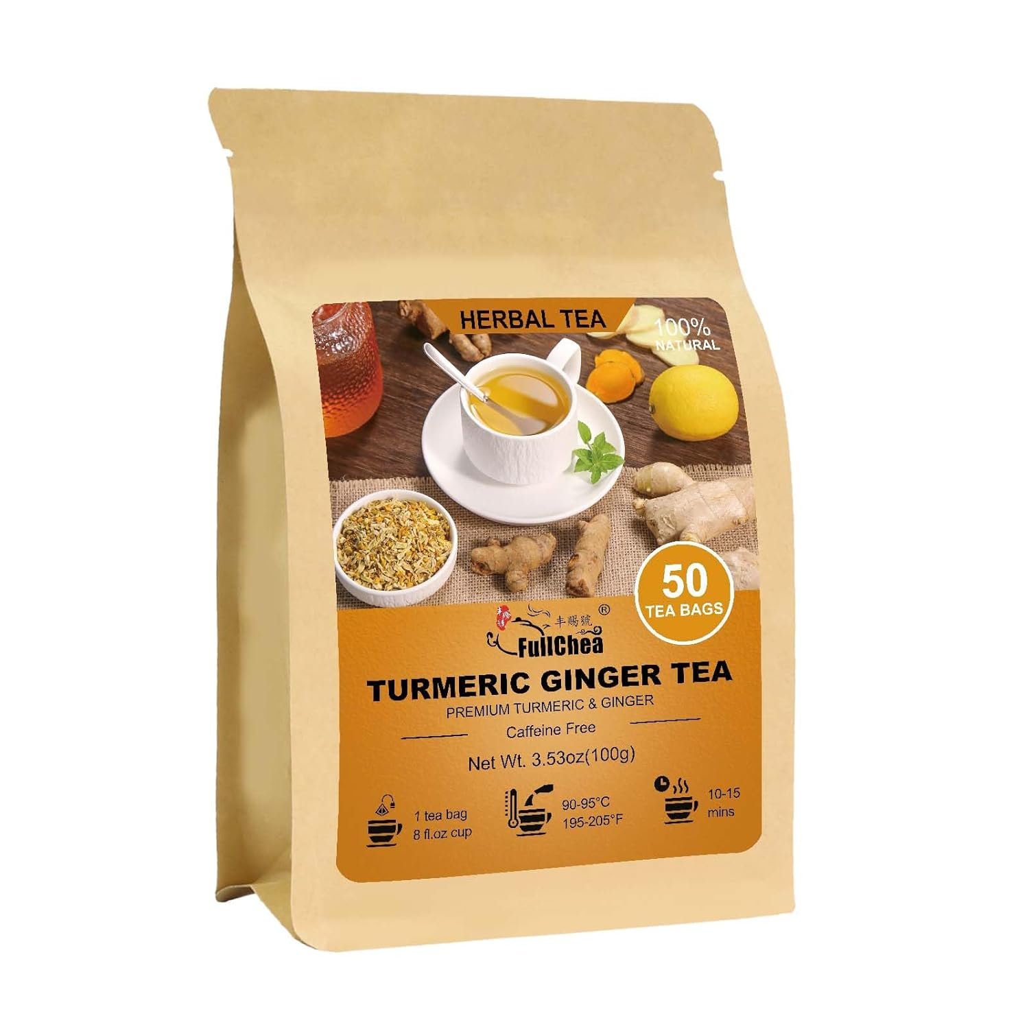 FullChea – Turmeric Ginger Tea Bags, 50 Count, 2g/bag – Premium Turmeric & Ginger- Non-GMO – Caffeine-free – Boost Immunity & Aid Digestion