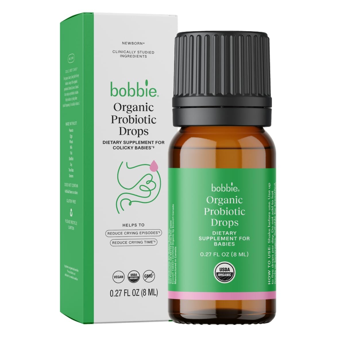 Bobbie Organic Baby Probiotic Drops, Daily Liquid Supplement, Fuss, Tears, Gut Health for Newborn Babies and Infants, Vegan, Infant-Friendly Formula, 1 Billion CFU, 0.27 fl oz