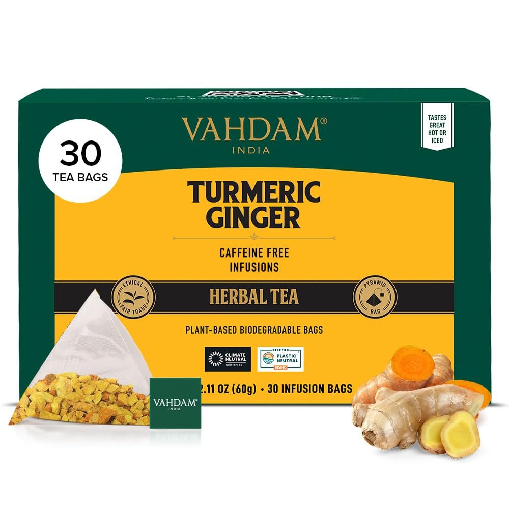 VAHDAM, Turmeric Ginger Herbal Tea Bags (30 Pyramid Tea Bags) Caffeine Free, Non GMO, Gluten Free | 100% Pure Herbal Blend – Savory & Spicy | Individually Wrapped Pyramid Tea Bags | Direct from Source
